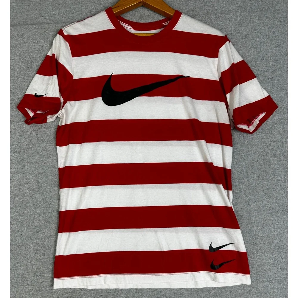 Nike Tee Mens Medium Red White Block Striped Big Double Swoosh Graphic T Shirt